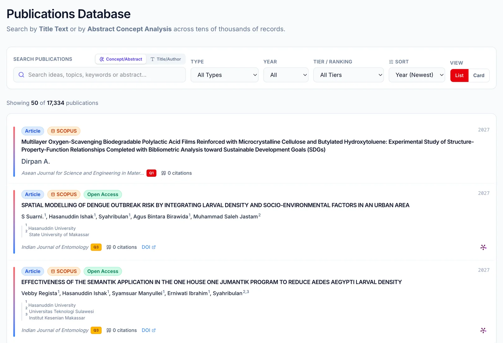 Publications database on the Universitas Hasanuddin deployment, with Scopus, open access and journal quartile badges on each record